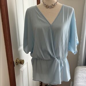 Vince Camuto Light Blue V-Neck Twist Peplum Blouse